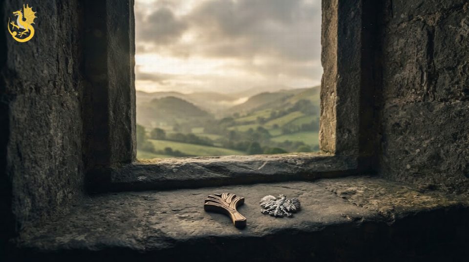 A close-up photograph looking out from inside a deeply set stone window of a Welsh castle; the misty green hills are visible outside. On the stone sill in the foreground rest two small, carved objects: a Welsh heraldic leek and a Polish White Eagle sigil, side-by-side.