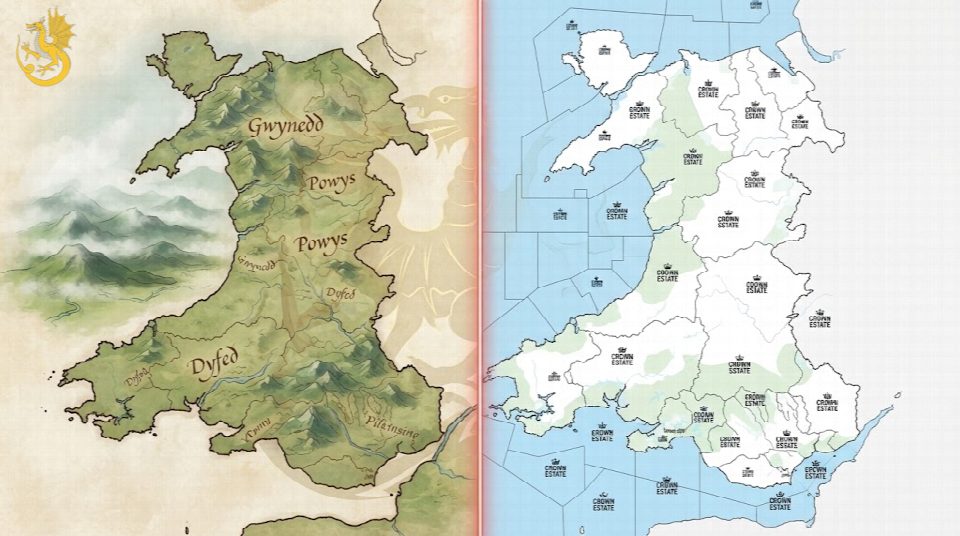A conceptual map of Wales split into two styles: one side featuring stylized mountains, rivers, and a faint golden dragon sigil; the other side showing the same geography overlaid with precise administrative borders, colored zones, and small, repeated logos labeled "CROWN ESTATE."