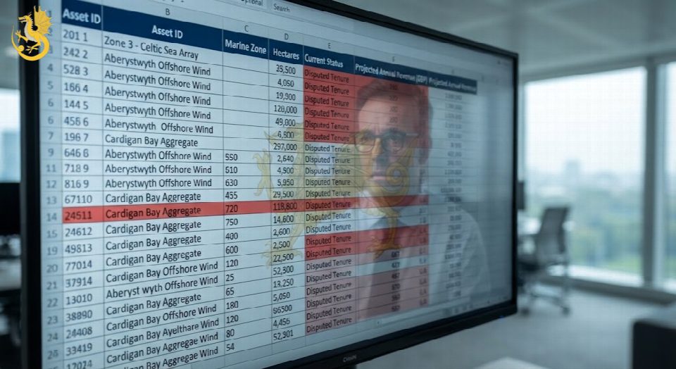 A detailed close-up photograph of a large computer monitor in a modern office. The screen displays a complex, glowing financial spreadsheet with columns labelled 'Asset ID', 'Marine Zone', and 'Projected Annual Revenue (GBP)'.