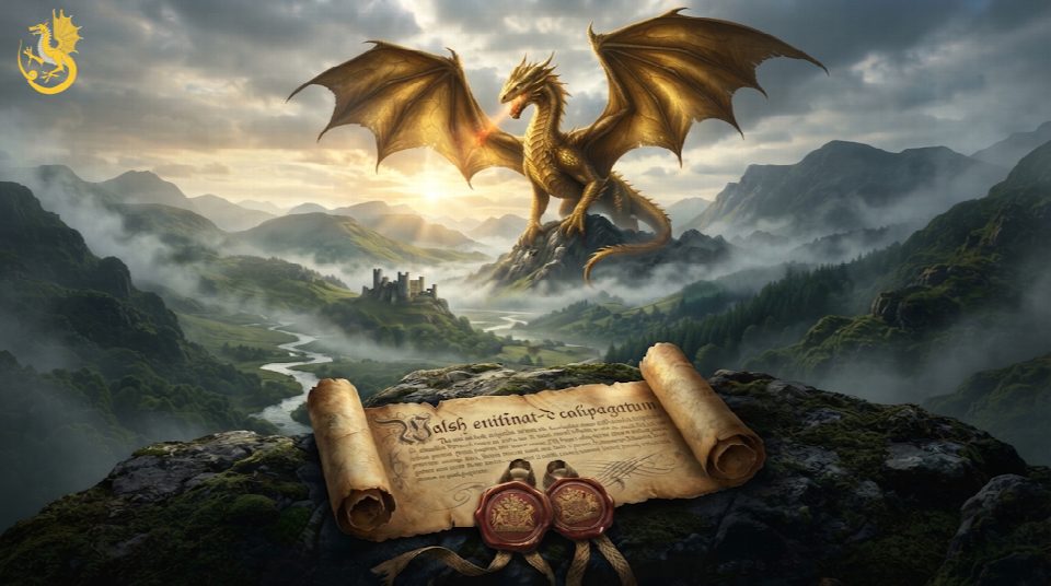 A majestic golden dragon with large wings perched atop a rugged mountain peak overlooking misty Welsh valleys and a distant castle, with an ancient parchment scroll bearing two red wax seals in the foreground.