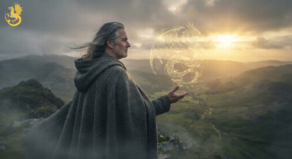 A cinematic, atmospheric photograph of Goldie the Grey in his bardic cloak, standing on a rugged Snowdonia peak at sunrise, gazing out over the misty valleys. A translucent, shimmering golden dragon sigil composed of ancient knotwork hovers in the air just beyond his outstretched hand