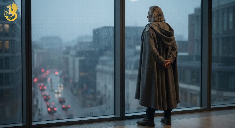 A cinematic shot of Goldie the Grey, viewed from behind, standing with his hands clasped behind his back in a modern, glass-walled boardroom in central London. He wears a heavy, textured grey bardic cloak with a subtle heraldic clasp. He is looking out a massive, rain-streaked panoramic window