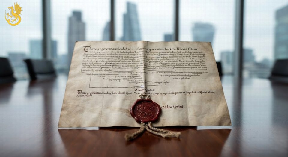A detailed close-up of an ancient, weathered vellum document with elaborate Welsh calligraphy and lineage lines, bearing a prominent wax seal, resting on a modern, reflective boardroom table in central London.