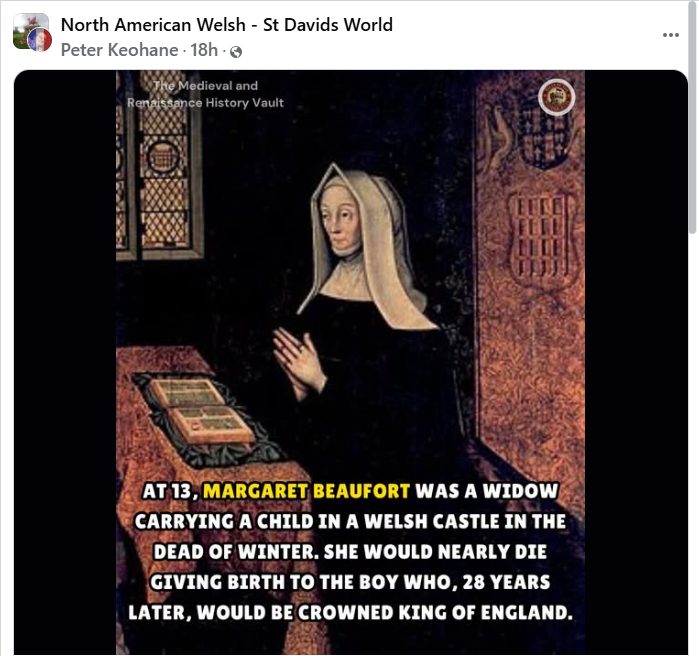 Screenshot of a Facebook post showing Margaret Beaufort kneeling in prayer beside an open book, with overlaid text about her pregnancy and the future Henry VII.