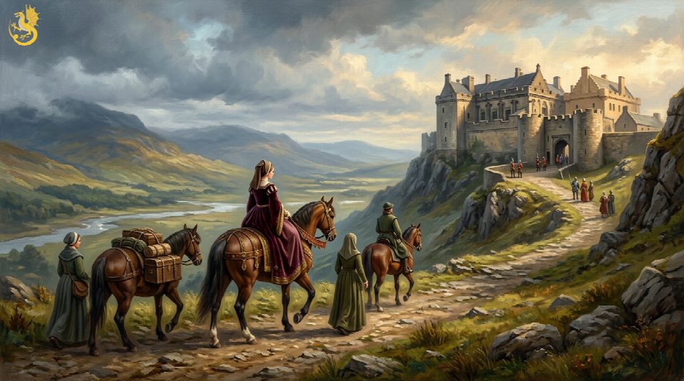 Artistic illustration of Margaret Tudor on horseback with attendants, approaching a Scottish castle beneath a cloudy sky.