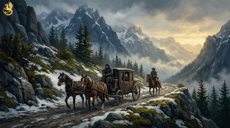 Artistic illustration of a horse-drawn carriage and mounted escorts travelling along a snowy Alpine mountain road at dawn.