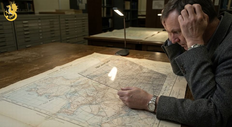 A close-up photograph inside a quiet, dusty historical archive. A large, detailed Ordnance Survey map from the mid-20th century, showing precise topography and boundaries for rural Gwynedd, is laid flat on a wooden viewing table.