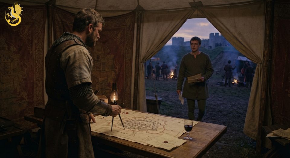 Imagined Owain Lawgoch beside a campaign table as another man enters his tent in a dimly lit siege camp.