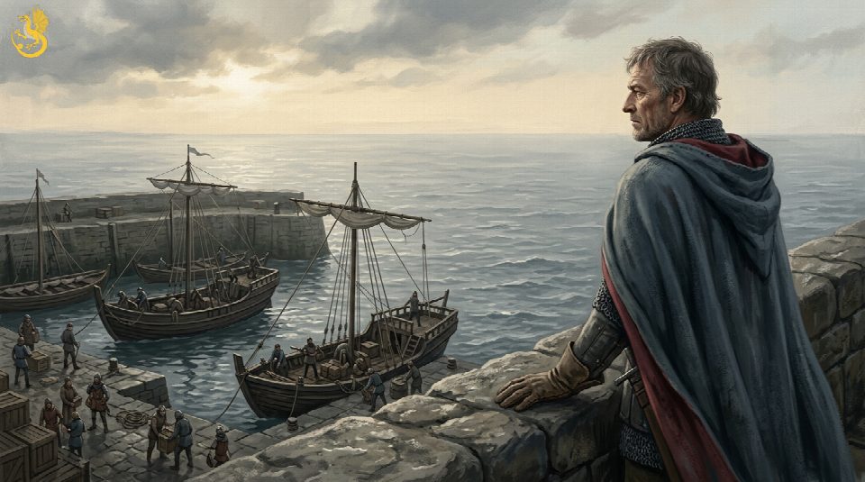 Imagined Owain Lawgoch in armour and a weathered cloak looking across the sea from a French harbour, with medieval ships behind him.