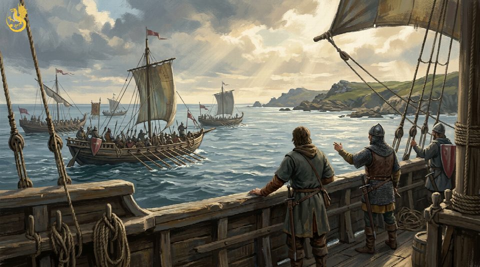 Artistic illustration of medieval sailing vessels approaching a rocky island coast, viewed from the deck of a wooden ship with sailors in the foreground.