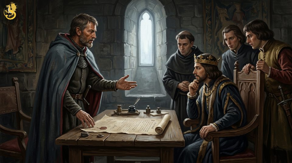 Imagined Owain Lawgoch standing beside an unfurled parchment, addressing a seated French king and advisers in a medieval chamber.