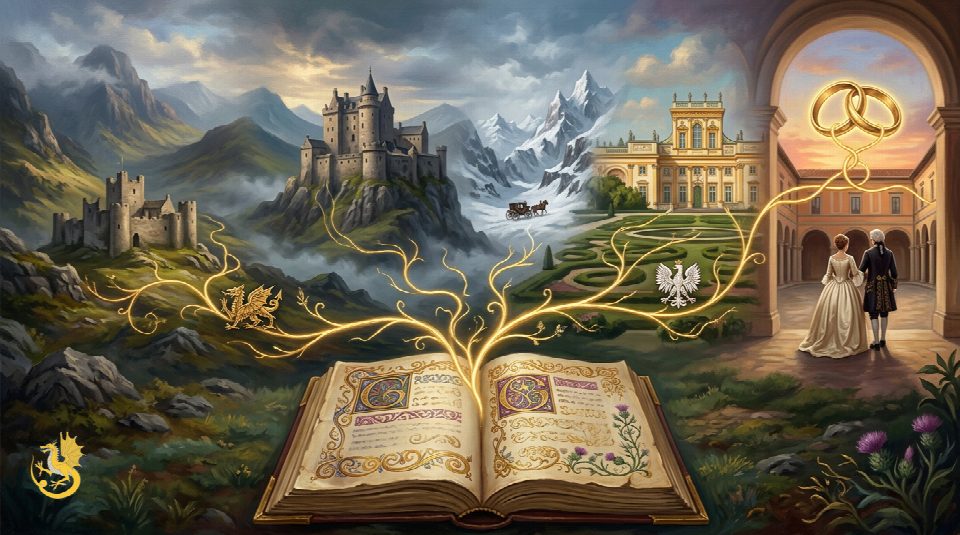 Historical illustration linking Welsh and Scottish castles with a Polish palace through a golden family-tree thread, with a manuscript and wedding rings.