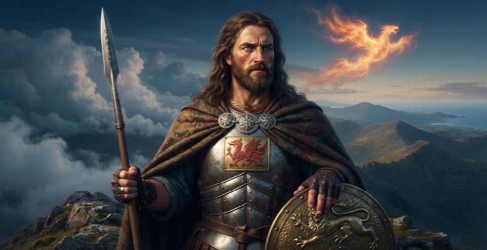 An imagined portrait of Rhodri Mawr: a long-haired, bearded man in a patterned cloak over armour bearing a red dragon, holding a spear and a round shield, standing on a rocky mountain top above the sea.