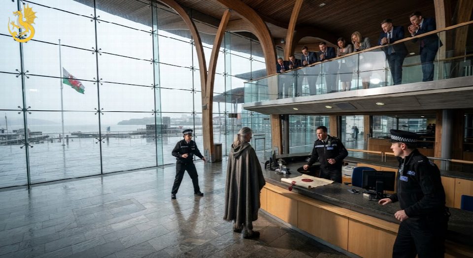 A dramatic, wide-angle interior photograph of the Senedd atrium in Cardiff Bay. Goldie the Grey, wearing his bardic cloak, stands in the centre of the polished floor, placing a single, wax-sealed parchment directly onto the main security reception desk.