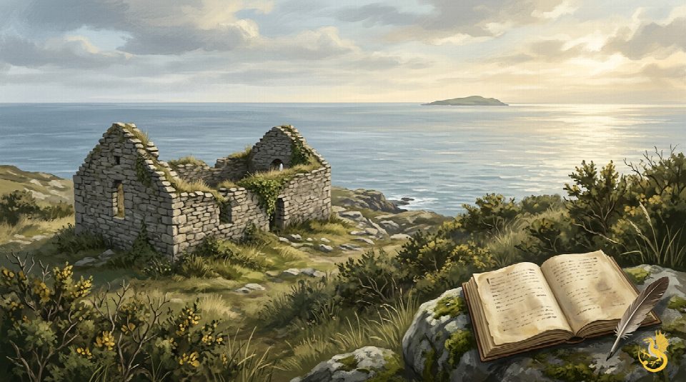 Artistic illustration of coastal chapel ruins overlooking the sea, with an open manuscript and quill in the foreground.