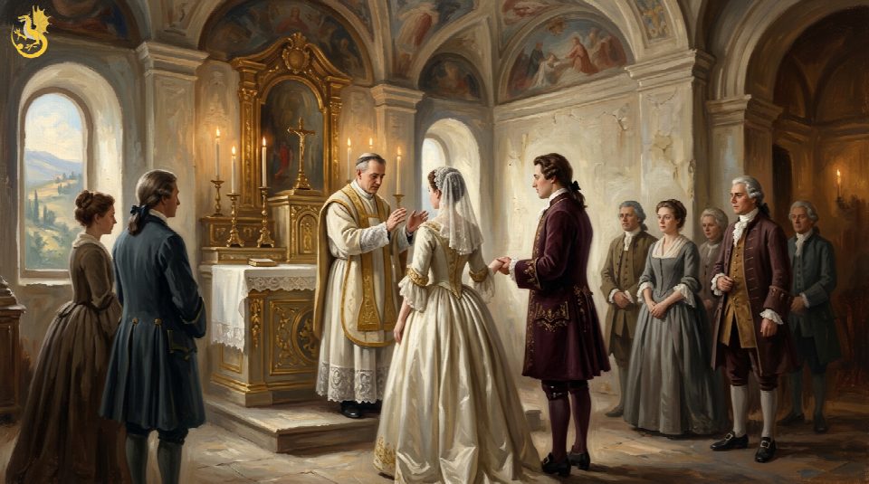 Artistic illustration of James Francis Edward Stuart and Maria Clementina Sobieska exchanging vows before a priest in a candlelit Italian chapel.