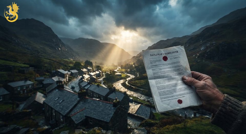 A cinematic landscape photograph looking down a steep, slate-roofed Welsh valley village under heavy, dramatic storm clouds parting to let a beam of sunlight hit the hills. In the foreground, a weather-beaten hand firmly holds a printed copy of the manifesto and a handwritten genealogical scroll.