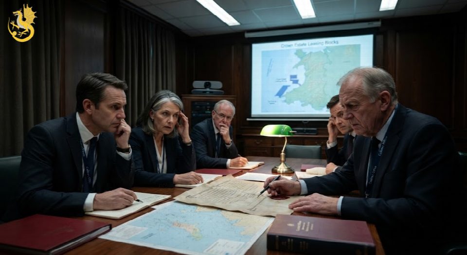 A tense, dimly lit meeting room in Whitehall where five senior civil servants and legal counsel lean over a large wooden table, staring intently at the open genealogical document and maps spread across the surface.